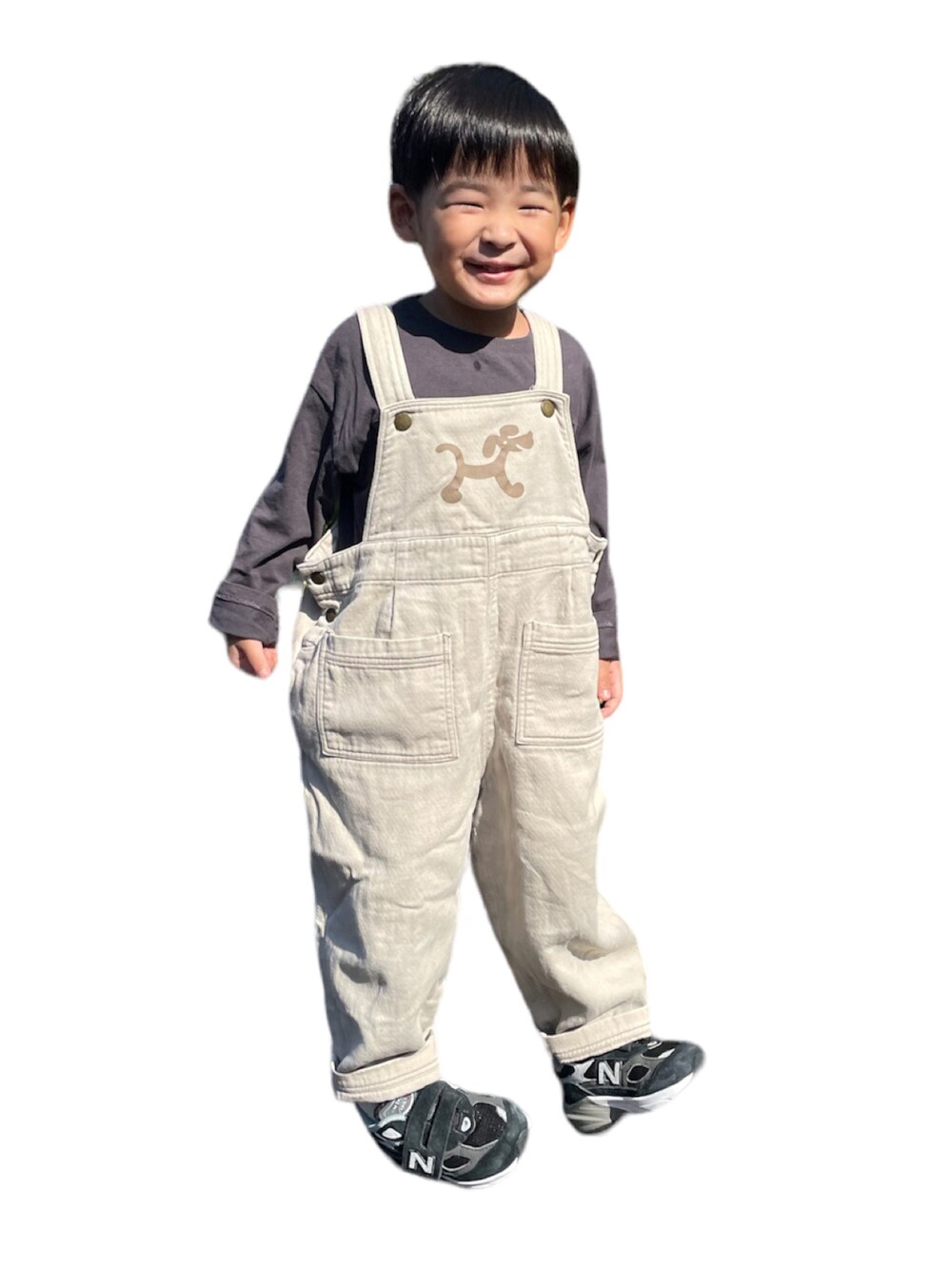 「ファッションを楽しもう、男の子コーデ、キッズコーデ、秋コーデ、キッズファッション、秋服、オーバーオール」｜「ZARA KIDSのアイテム（Tシャツ/カットソー、グレー系）」を使った、KIITOさん（キッズ・90cm）の秋コーディネートの1枚目の写真