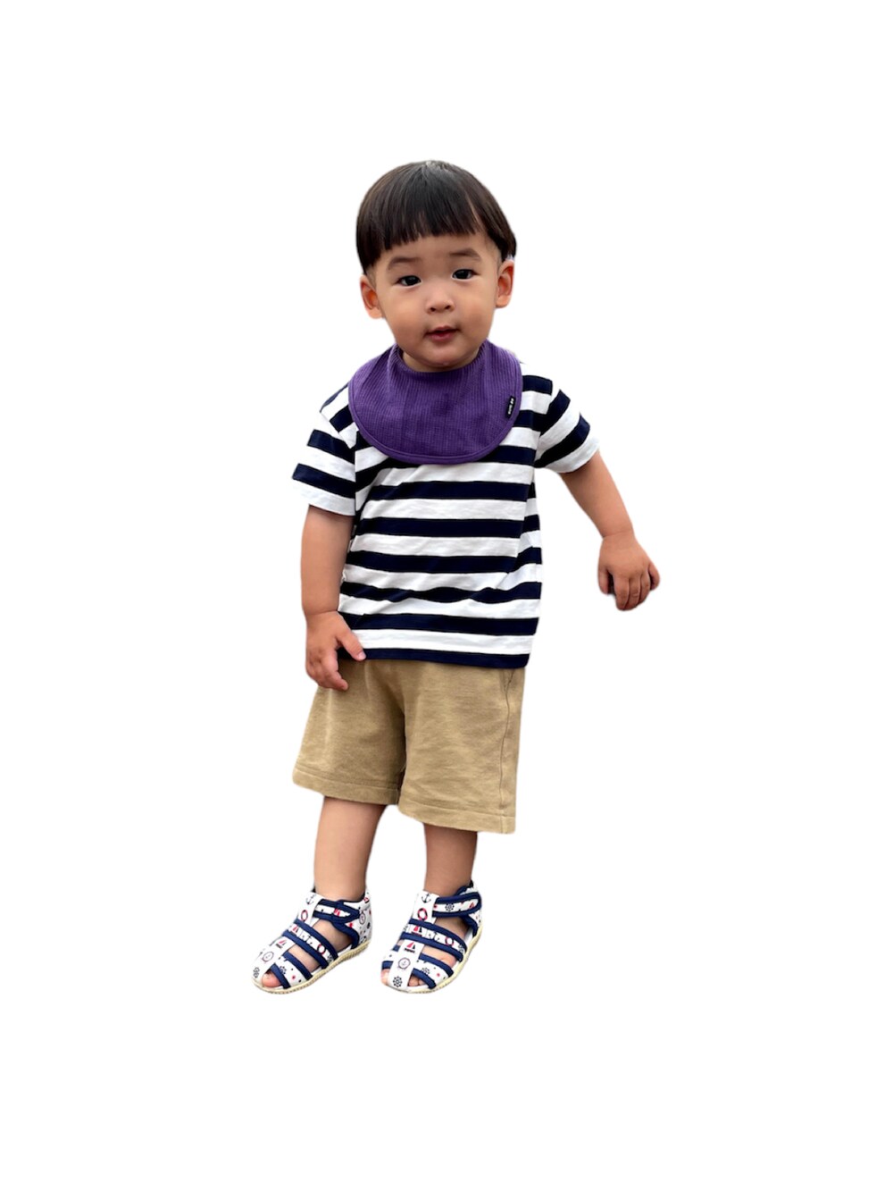 「ボーダートップス、無印良品、カジュアル、夏コーデ、むすこーで」｜「無印良品のアイテム（Tシャツ/カットソー、ブルー系）」を使った、KIITOさん（キッズ・80cm）の春コーディネートの1枚目の写真