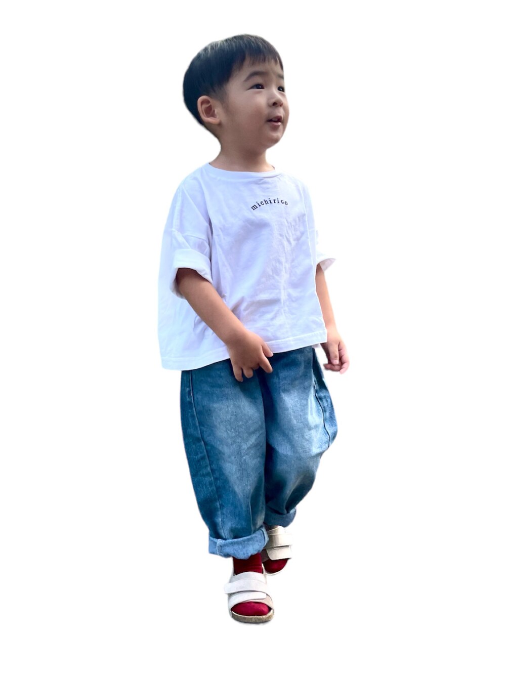「秋服まるっと大公開、カジュアルコーデ、秋コーデ、休日スタイル、3歳、キッズファッション、男の子、デニムフェス2023、デニム」｜「michiricoのアイテム（Tシャツ/カットソー、ホワイト系）」を使った、KIITOさん（キッズ・90cm）の秋コーディネートの1枚目の写真