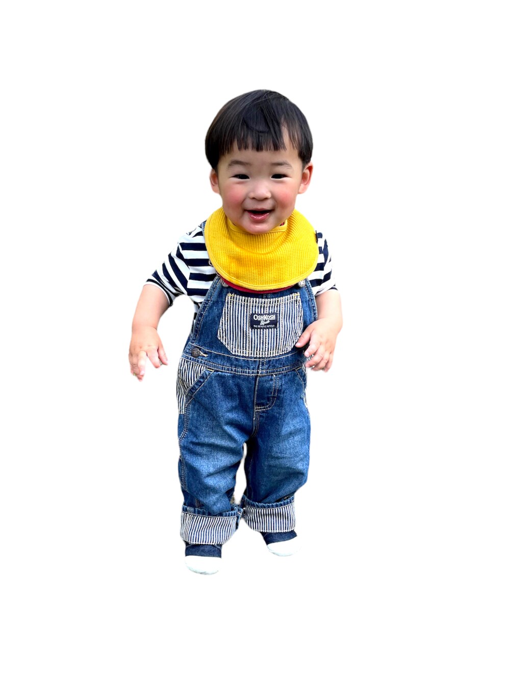 「カジュアル、むすこーで、無印良品、ボーダートップス、OSHKOSH、オーバーサイズ」｜「OSHKOSHのアイテム（サロペット/オーバーオール、ブルー系）」を使った、KIITOさん（キッズ・80cm）の春コーディネートの1枚目の写真
