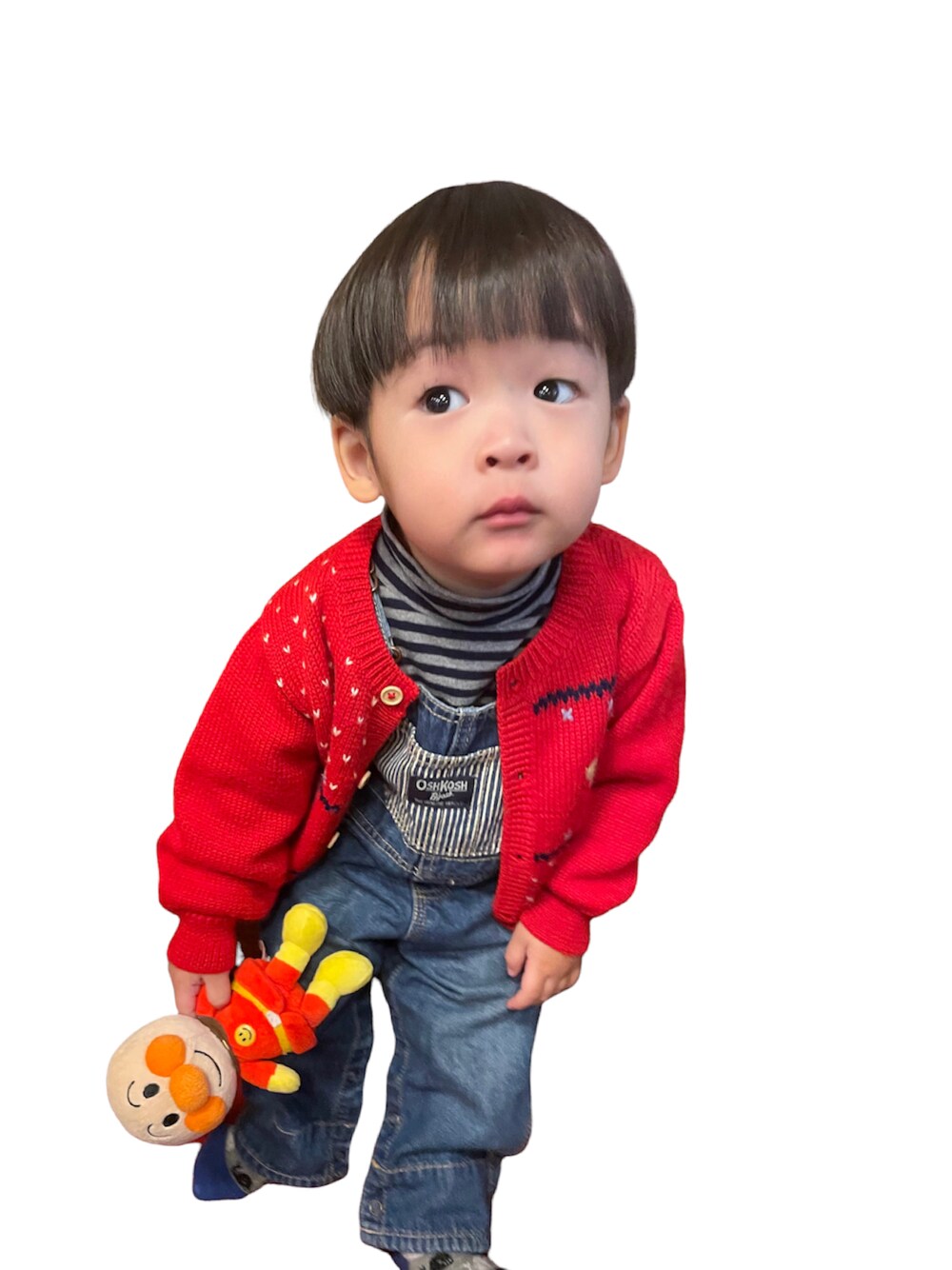 「はじめましてコーデ、ファミリア、オーバーオール、OSHKOSH、むすこーで、1歳」｜「OSHKOSHのアイテム（サロペット/オーバーオール、ブルー系）」を使った、KIITOさん（キッズ・80cm）の春コーディネートの1枚目の写真