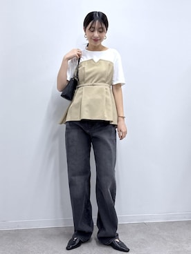 「ROPE' PICNIC（ロペピクニック）のフラットワンショルダーバッグ（ショルダーバッグ、ブラック系）」を使った、nozomiさん（レディース・162cm）の春コーディネート
