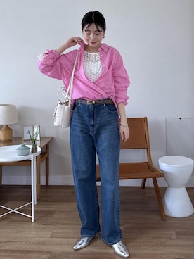 「ROPE' PICNIC（ロペピクニック）の18mmマットスムーススクエアバックルベルト（ベルト、ブラウン系）」を使った、nozomiさん（レディース・162cm）の春コーディネート