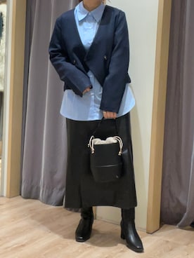 「レザースカート」｜「アイテム（ノーカラージャケット）」を使った、チナツさん（レディース・152cm）の秋コーディネート