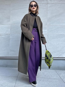 「巾着バッグ」｜「アイテム（ノーカラーコート）」を使った、𝓅𝑜𝒸𝑜さん（レディース・156cm）の冬コーディネート