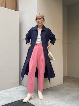 「黒縁メガネ」｜「アイテム（ステンカラーコート）」を使った、ｙｕｚｕｋｉさん（レディース・163cm）の秋コーディネート
