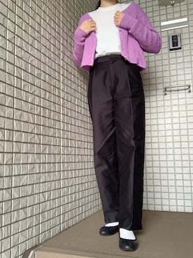 「パープル×黒」｜「アイテム（カーディガン/ボレロ）」を使った、nanakoˎˊ˗﻿　　さん（レディース・169cm）の秋コーディネート