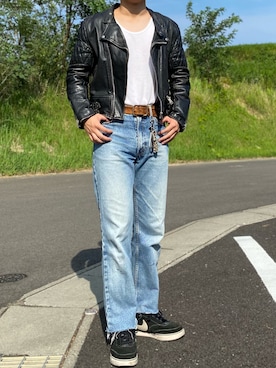 「usedのアイテム（ライダースジャケット、ブラック系）」を使った、なかじまけんたさん（メンズ・176cm）の秋コーディネート