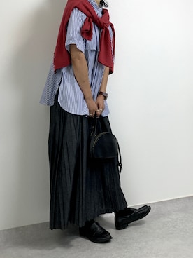 「Libra Cue（リブラ キュー）のハーフスリーブストライプフライヨークシャツ（シャツ/ブラウス）」を使った、walk55marinさん（レディース・165cm）の夏コーディネート