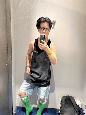 「GU（ジーユー）のアイテム（ソックス/靴下）」を使った、倉持達哉(もっちー)さん（メンズ・172cm）の夏コーディネート