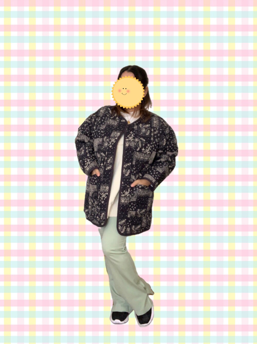 「AMERICAN HOLIC、niko and…、春カラー、リラックススタイル、パンツスタイル、パステルカラー、低身長女子、ぽっちゃり、春服みてみて、ゆるコーデ、春アウター、カジュアル」｜「niko and...の洗えるリバーシブルキルトジャケット（ノーカラージャケット、グレー系）」を使った、三女ハルエさん（レディース・152cm）の春コーディネートの1枚目の写真