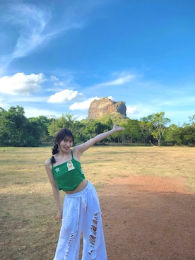 「adidas（アディダス）のアイテム（トップス、グリーン系）」を使った、RUUさん（レディース・156cm）の夏コーディネート