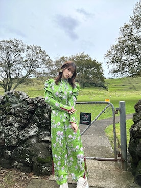 「LILY BROWN（リリーブラウン）の【LILY BROWN×KEITA MARUYAMA】バリエーション柄ボウタイブラウス（シャツ/ブラウス、グリーン系）」を使った、RUUさん（レディース・156cm）の春コーディネート