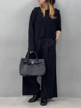 「PUAL CE CIN（ピュアルセシン）のリボンヤーンビスチェ（ニット/セーター、ブラック系）」を使った、OMIHOさん（レディース・156cm）の春コーディネート