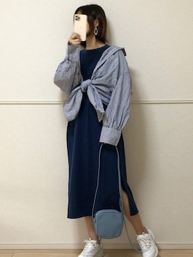 「デニムワンピース」｜「アイテム（チュニック）」を使った、uniさん（レディース・161cm）の春コーディネート