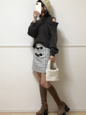 「オープンショルダー」｜「アイテム（ブーツ）」を使った、uniさん（レディース・161cm）の冬コーディネート
