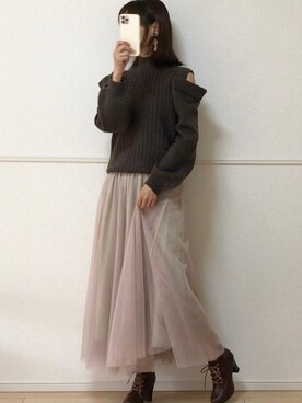 「オープンショルダー」｜「アイテム（ブーツ）」を使った、uniさん（レディース・161cm）の冬コーディネート