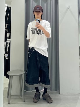 「ALAND（エーランド）の【UNISEX】ALAND／刺繍ロゴCAP（キャップ、ブラウン系）」を使った、Hakuさん（メンズ・172cm）の夏コーディネート
