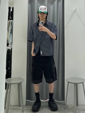 「SAINTPAIN（セイントペイン）の【UNISEX】SAINTPAIN／チェック半袖シャツ（シャツ/ブラウス、ブルー系）」を使った、Hakuさん（メンズ・172cm）の春コーディネート