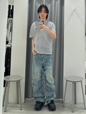 「LAND MUSEUM（ランドミュージアム）のLAND MUSEUM／スターロゴヘンリーＴ（Tシャツ/カットソー、グレー系）」を使った、Hakuさん（メンズ・172cm）の春コーディネート