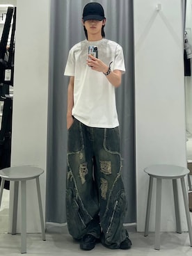 「LAND MUSEUM（ランドミュージアム）のLAND MUSEUM／グランジワイドデニム（デニムパンツ、ブルー系）」を使った、Hakuさん（メンズ・172cm）の夏コーディネート