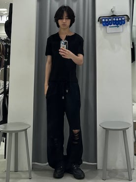 「LAND MUSEUM（ランドミュージアム）のLAND MUSEUM／スリムヘンリーネックＴ（Tシャツ/カットソー、ブラック系）」を使った、Hakuさん（メンズ・172cm）の夏コーディネート