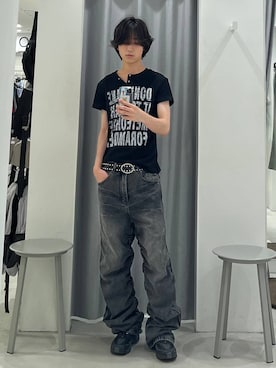 「LAND MUSEUM（ランドミュージアム）のLAND MUSEUM／ロゴプリントヘンリーT（Tシャツ/カットソー、ブラック系）」を使った、Hakuさん（メンズ・172cm）の夏コーディネート