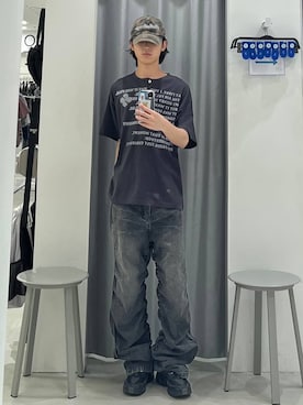 「HOODHOOD（フッドフッド）の【UNISEX】HOODHOOD／TypoヘンリーネックTシャツ（Tシャツ/カットソー、グレー系）」を使った、Hakuさん（メンズ・172cm）の夏コーディネート