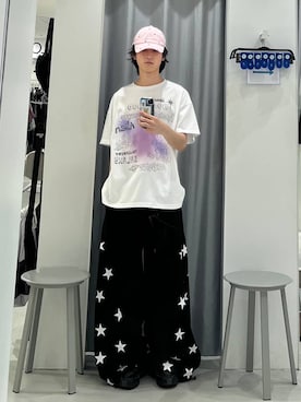 「HOODHOOD（フッドフッド）の【UNISEX】HOODHOOD／Spray Alien Tシャツ（Tシャツ/カットソー、ホワイト系）」を使った、Hakuさん（メンズ・172cm）の夏コーディネート