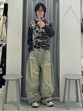 「LAND MUSEUM（ランドミュージアム）のLAND MUSEUM／スターパッチデニム（デニムパンツ、ブルー系）」を使った、Hakuさん（メンズ・172cm）の春コーディネート