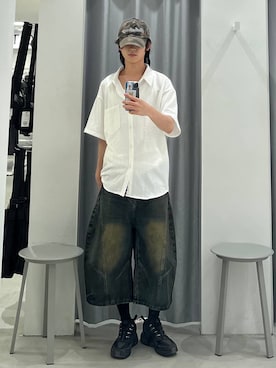 「LAND MUSEUM（ランドミュージアム）のLAND MUSEUM／デニムバレル3Dショートパンツ（デニムパンツ、ブラック系）」を使った、Hakuさん（メンズ・172cm）の夏コーディネート