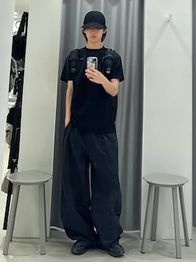 「ALAND（エーランド）の【UNISEX】ALAND／バックパック（バックパック/リュック、ブラック系）」を使った、Hakuさん（メンズ・172cm）の夏コーディネート