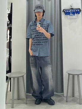 「HOODHOOD（フッドフッド）の【UNISEX】HOODHOOD／Typoチェックシャツ（シャツ/ブラウス、ブルー系）」を使った、Hakuさん（メンズ・172cm）の夏コーディネート
