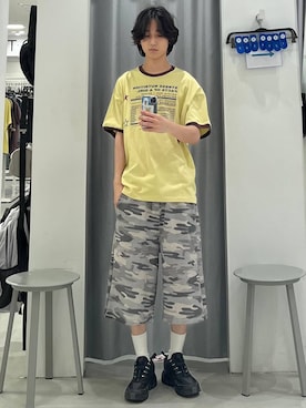 「HOODHOOD（フッドフッド）の【UNISEX】HOODHOOD／バックプリントバミューダパンツ(裏毛)（スウェットパンツ、その他）」を使った、Hakuさん（メンズ・172cm）の夏コーディネート