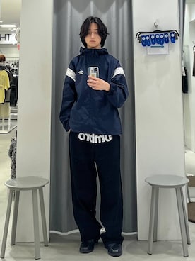 「ALAND（エーランド）の【UNISEX】ALAND×UMBRO／裏毛バレルパンツ（SET UP着用可能）（スウェットパンツ、ブラック系）」を使った、Hakuさん（メンズ・172cm）の夏コーディネート