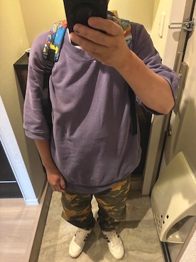 「THE NORTH FACE PURPLE LABEL（ザ ノースフェイス パープルレーベル）のアイテム（スウェット、パープル系）」を使った、うままさん（メンズ・172cm）の夏コーディネート