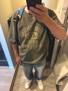 「Champion（チャンピオン）の【Champion/チャンピオン】メンズ リバースウィーブ(R) ショートスリーブスウェットシャツ（スウェット、グリーン系）」を使った、うままさん（メンズ・172cm）の夏コーディネート