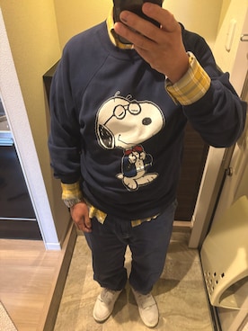 「Rocky Mountain FeatherBed（ロッキー マウンテン フェザーベッド）のアイテム（スウェット、ブルー系）」を使った、うままさん（メンズ・172cm）の春コーディネート