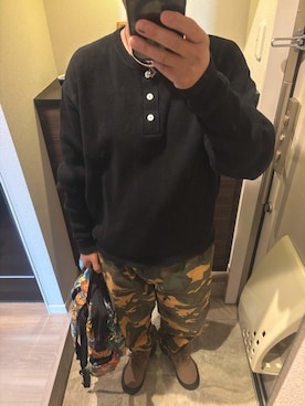 「WAIPER.inc（ワイパーインク）のHealthknit ヘルスニット WAIPER別注 WPHK01 SUPER HEAVY WAFFLE L/S ヘンリーネックTシャツ RELAXED FIT（Tシャツ/カットソー、ブラック系）」を使った、うままさん（メンズ・172cm）の春コーディネート
