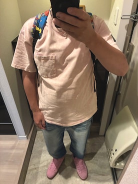 「JEMORGAN（ジェーイーモーガン）のJEMORGAN/別注クルーネックポケットTシャツ 半袖（Tシャツ/カットソー、ピンク系）」を使った、うままさん（メンズ・172cm）の夏コーディネート