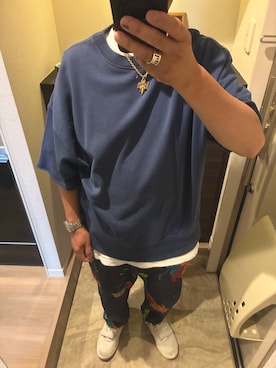 「go slow caravan（ゴースローキャラバン）のアイテム（パンツ、ブルー系）」を使った、うままさん（メンズ・172cm）の春コーディネート