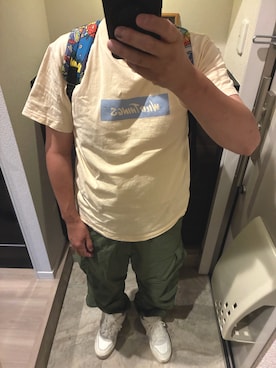 「WILD THINGS（ワイルドシングス）のボックスロゴT（Tシャツ/カットソー、ベージュ系）」を使った、うままさん（メンズ・172cm）の夏コーディネート
