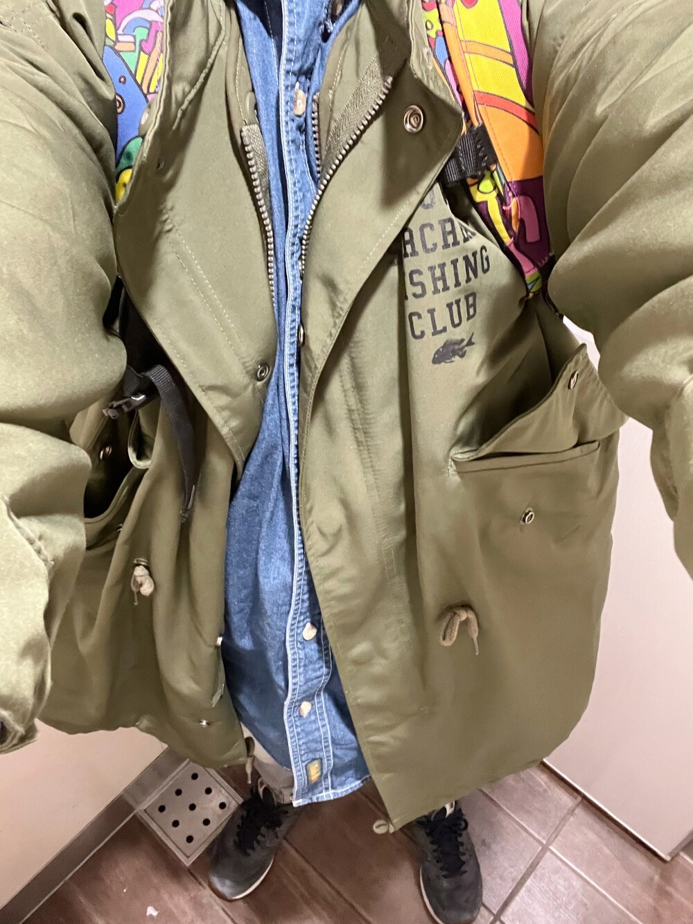 「介護、今日のコーデ、春コーデ、モッズコート、ウエスタンシャツ、ジョガーパンツ」｜「NEW BALANCEのニューバランス  574（スニーカー、ブルー系）」を使った、うままさん（メンズ・172cm）の春コーディネートの1枚目の写真