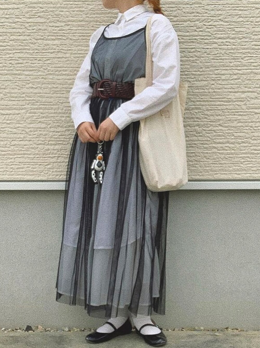 「休日スタイル、春、低身長コーデ、重ね着、スカート、シャツスタイル、お洒落さんとつながりたい、いいね、save、フォローお願いします🤑、初夏コーデ、WEARyouthコーデ」｜「merlot plusのアイテム（バレエシューズ、ブラック系）」を使った、かねっちゃんさん（レディース・153cm）の春コーディネートの1枚目の写真