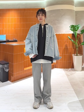 「PUAL CE CIN（ピュアルセシン）のセルビッチデニムノーカラージャケット（デニムジャケット、ブルー系）」を使った、niuさん（レディース・161cm）の春コーディネート