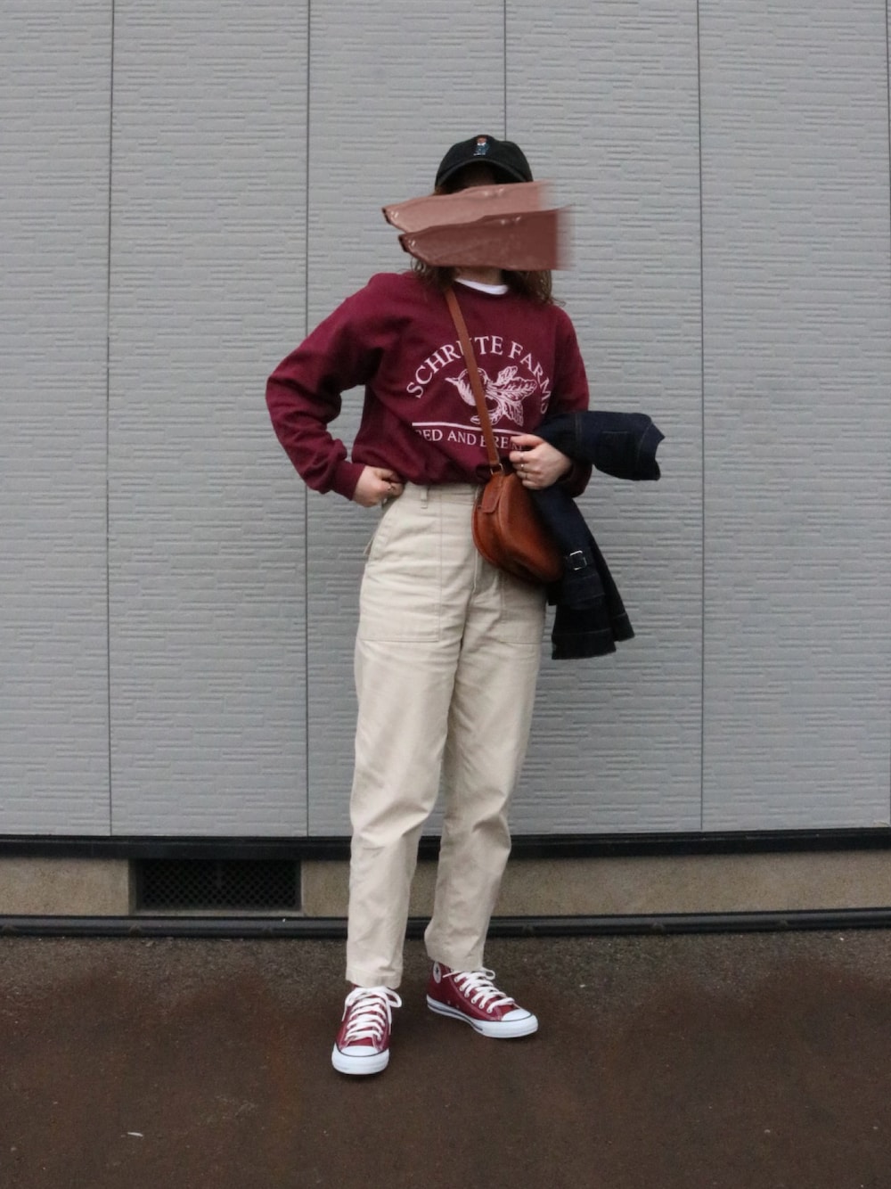 「キャップ、スウェット、ベイカーパンツ、デニムジャケット、converse、オールドコーチ、春、春服、おでかけコーデ、カジュアルコーデ、パンツコーデ、着回しコーデ、古着MIX、古着、古着コーデ」｜「POLO RALPH LAURENのアイテム（キャップ、ブラック系）」を使った、あやかさん（レディース・165cm）の春コーディネートの1枚目の写真