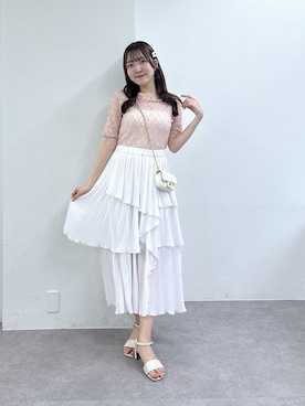 「La boutique BonBon（ラブティックボンボン）の【トレンド感◎夏スタイル】ドライタッチレース前後２WAYトップス（Tシャツ/カットソー、ピンク系）」を使った、Sanaさん（レディース・163cm）の春コーディネート