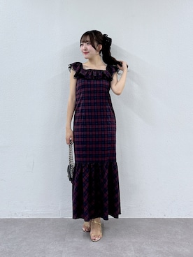 「La boutique BonBon（ラブティックボンボン）のチェックレーストリムワンピース（ワンピース、レッド系）」を使った、Sanaさん（レディース・163cm）の夏コーディネート