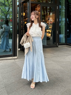 「La boutique BonBon（ラブティックボンボン）のレースラッフルフレアブラウス（シャツ/ブラウス、ホワイト系）」を使った、Sanaさん（レディース・163cm）の春コーディネート
