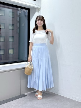 「La boutique BonBon（ラブティックボンボン）の【ニュアンス美人】ドレープネックハーフスリーブテレコカットソー（Tシャツ/カットソー、ホワイト系）」を使った、Sanaさん（レディース・163cm）の夏コーディネート